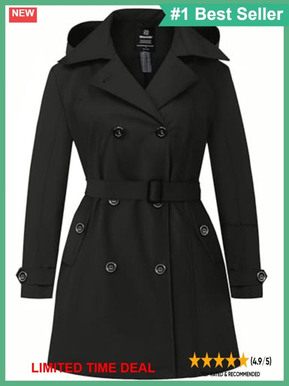 Plus Size Waterproof Trench Coat Hooded Belted Overcoat